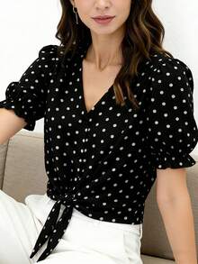 Women's Polyester Short Sleeve Collared Button-Up Striped Shirt/Blouse, Regular Fit - Black - View 7