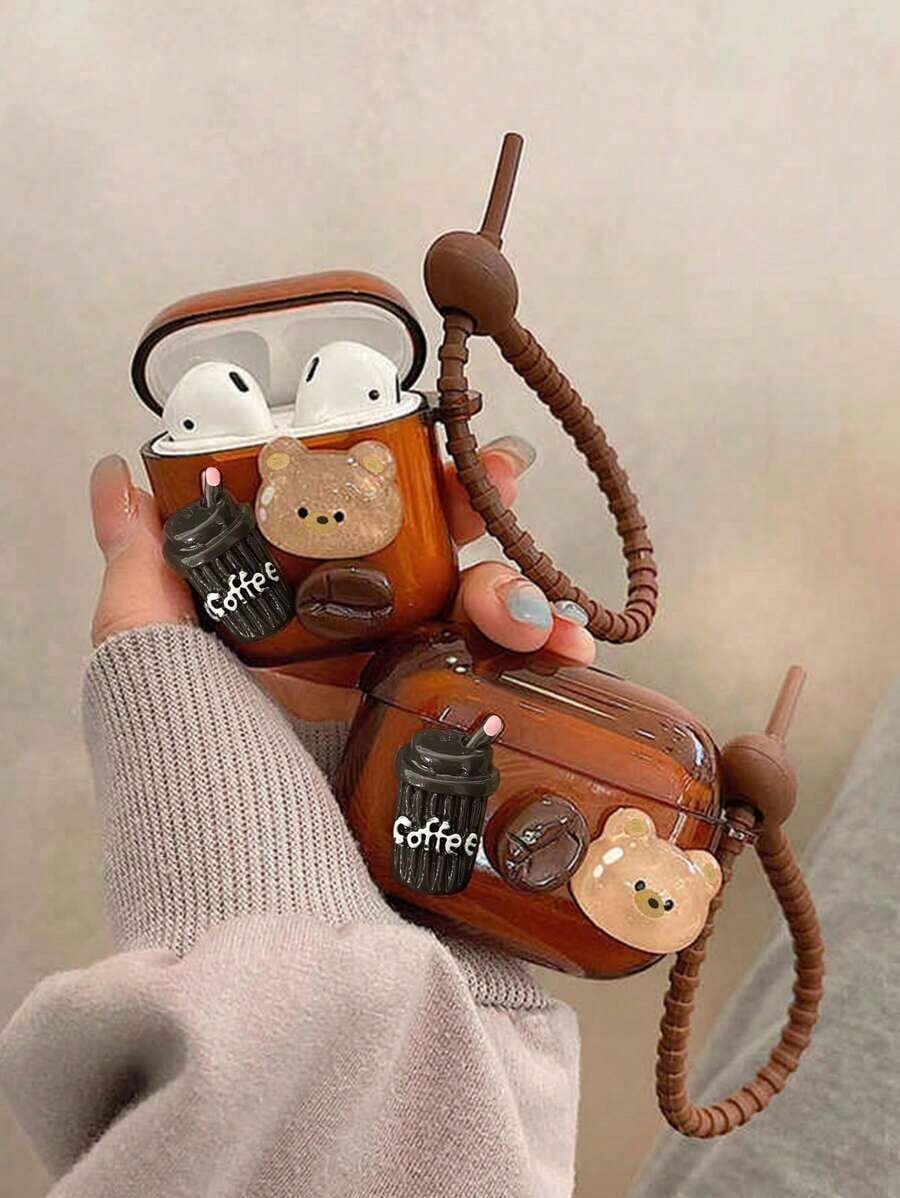 1pc 3D Coffee Cup & Cartoon Bear Wireless Earphone Case Compatible With Apple 2/3/Pro/Pro 2nd Gen, Protective Cover New 4 Design - Brown - View 1