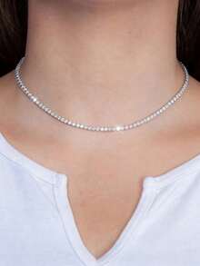 1件仿水钻闪亮网球项链，简约百搭，日常佩戴 - 銀色 - 查看 3