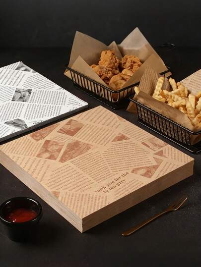 100 piezas Papel absorbente de aceite con estilo de periódico, Almohadilla a prueba de grasa de tamaño pequeño, Diseñada para hamburguesas, pan, papas fritas, sándwiches, barbacoa, Adecuada para cocina, picnic, camping, barbacoa, artículos para fiestas, hornear pan, Almohadilla de papel de aceite comercial, 50/100 piezas