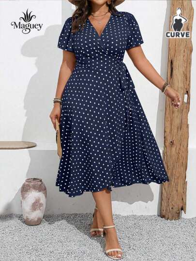 Vestido Curvy de Talla Grande para mujer Largo Estampado de Lunares, Ligero y Versátil para Verano y Días Casuales
