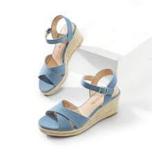 Alpargata con Tiras para Mujer con Puntera Abierta y Correa para el Tobillo, Sandalias de Cuña para Mujer con Plataforma - Azul - Ver 9