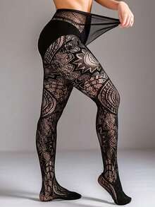 Retro Tattoo Sexy Black Hollow Pattern Jacquard Stirrup Tights, Fishnet Pantyhose For Women - Black - View 4