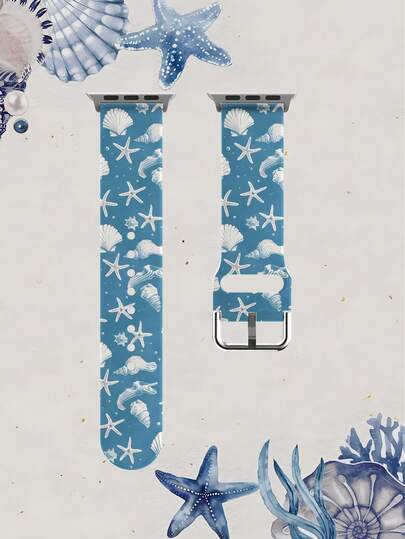 1条柔软弹性透气海水蓝海星贝壳图案表带，适用于三星、荣耀智能手表，尺寸可选38mm、40mm、41mm、42mm、46mm、45mm、44mm、49mm，是海滩度假的理想礼物。休闲硅胶表带，也适用于苹果手表Ultra SE/11/10/9/8/7/6/5/4/3/2/1。
