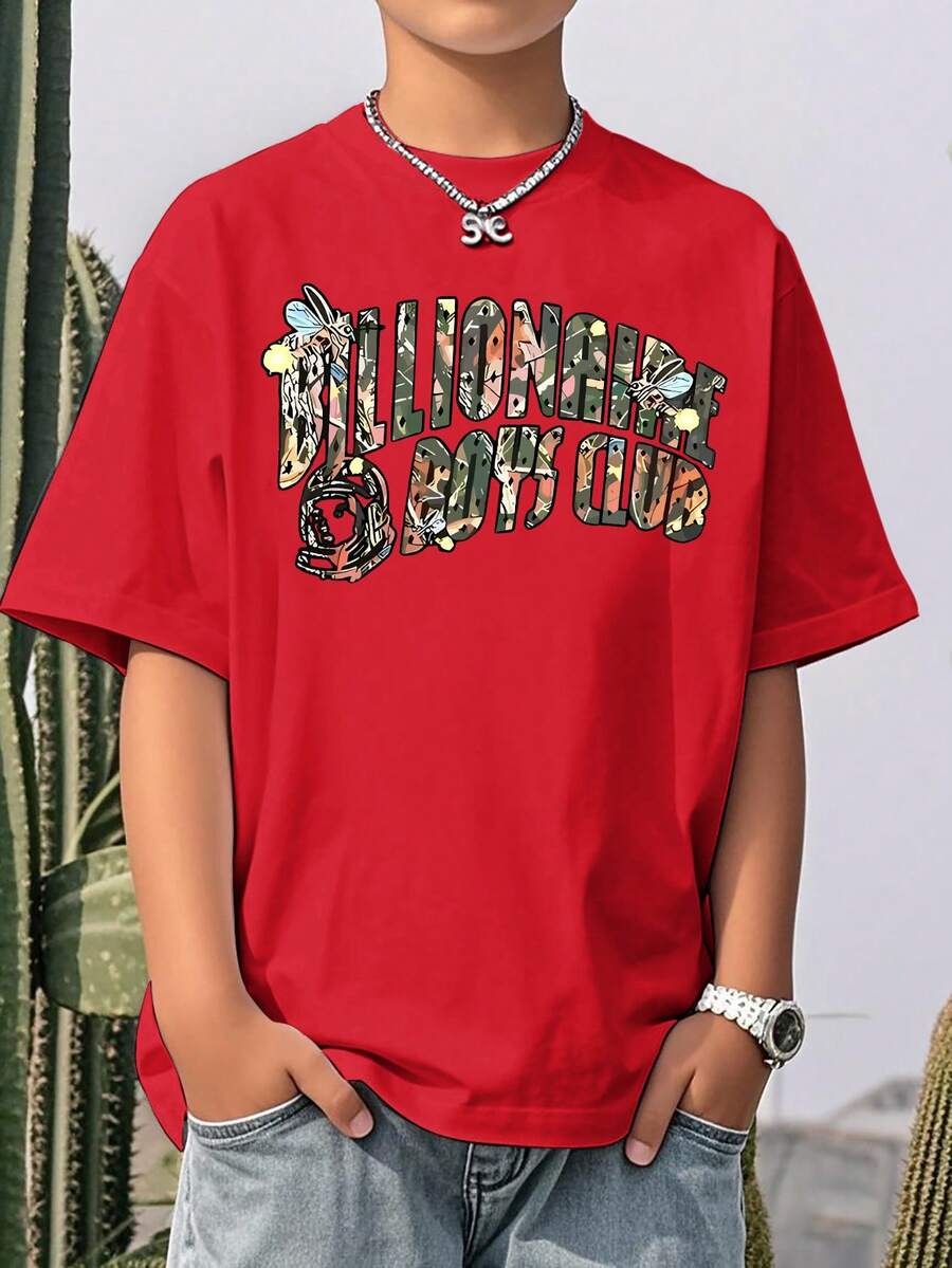 Cute Boy Cotton Round Neck T-Shirt, Casual And Comfortable Spring/Summer Short Sleeved Printed Children's Top - Red - View 1