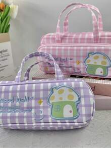 1个可爱蘑菇屋格子铅笔盒，大容量学生文具收纳袋，少女ins风铅笔盒 - 筆袋 - 查看 3