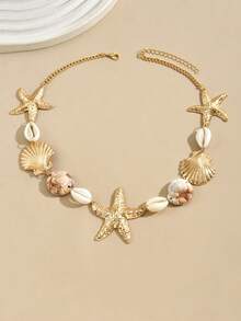 1 st halsband i havsstil med sjöstjärna och snäckskal, lämpligt för strandsemester - Gult guld - Visa 4