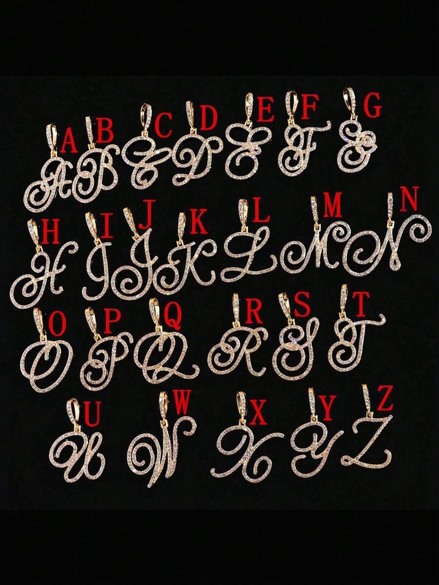 镶钻网球链 + 草书字母吊坠，男士街头风项链 - 男士草體字母項鍊 - 查看 1