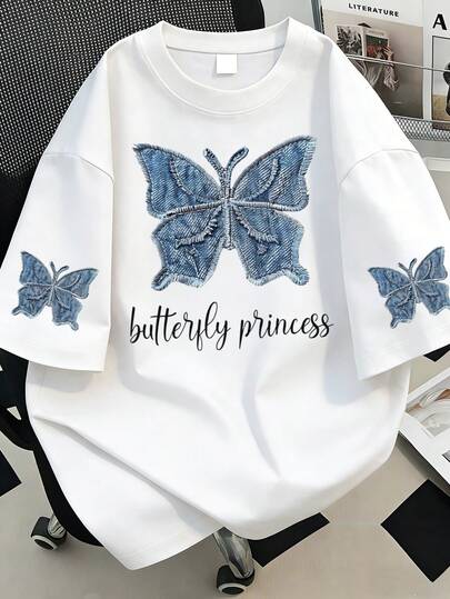 Camiseta de manga corta con cuello redondo y estampado de mariposa, moda casual de verano para mujer de talla grande. Adecuada para vacaciones de verano, playa, días festivos, primavera, San Valentín, disfraces de carnaval