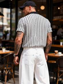 Men's Geometric Striped Contrast Color Hollow-Out Knitted Jacquard Fabric Casual Vacation Summer Short Sleeve Shirt - Black and White - View 9