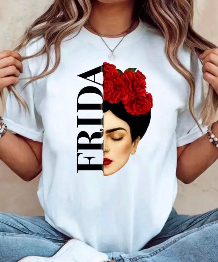 Women's T-Shirt With Frida Print, 100% Cotton, Casual, Comfortable For Everyday Wear. - 白色 - 查看 1