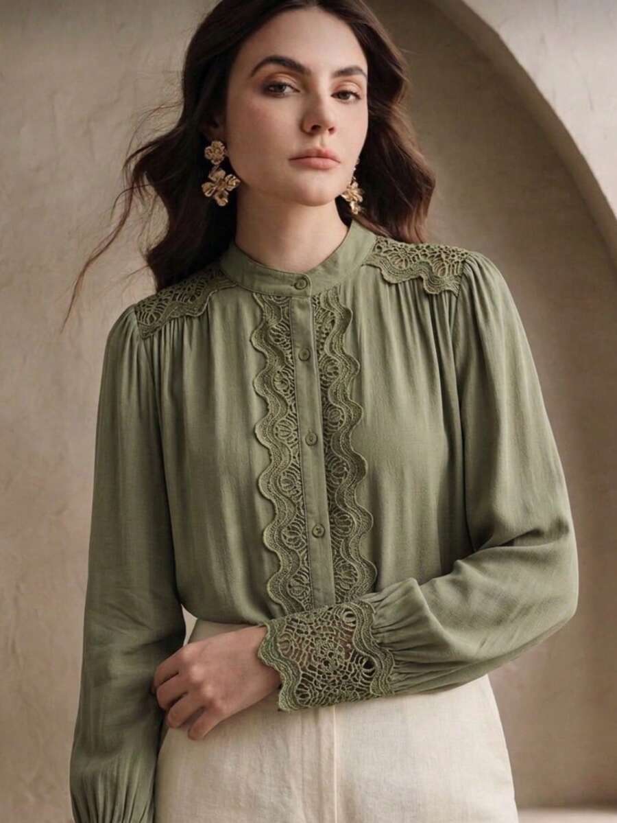 Contrasting Lace Pleated Collar - Army Green - View 1