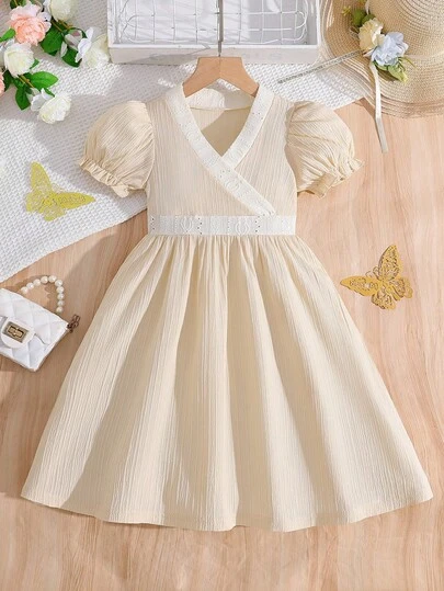 Summer Casual Girls Dress, Minimalist Solid Color V-Neck Petal Sleeve Dress, Fashionable Elegant Sweet Girls Dress, Suitable For Home, Vacation, Beach, Daily Outdoor Wear