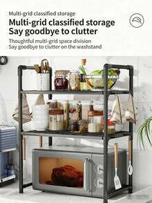3-Tier Expandable Microwave Oven Rack, Metal Microwave Stand With Hooks, Bread Shelf, Adjustable Kitchen Storage Rack, Black 3-Tier - Multicolor - View 10