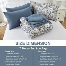 7 Pieces Paisley Comforter Set Queen King Bed In A Bag Comforter, Blue Boho Paisley Pattern Bedding Soft Microfiber Queen Size Comforter With Sheet & Pillowcase,Wedding Items,Valentines Day Home Bed Room Decor,Mothers Day Gift,All Season - Blue - View 3