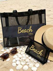 Large Capacity Mesh Shoulder Bag And Convenient Makeup Bag With "Milan" Print, Portable Beach Vacation Tote Bag, Mesh Beach Bag - Multicolor - View 5