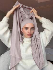 1pc Instant Jersey Hijab With Undercap, Silky Soft Breathable Fabric, Suitable For Daily Wear, Festivals, Prayers, Pilgrimage, Paired With Abaya - Gray Beige - View 7