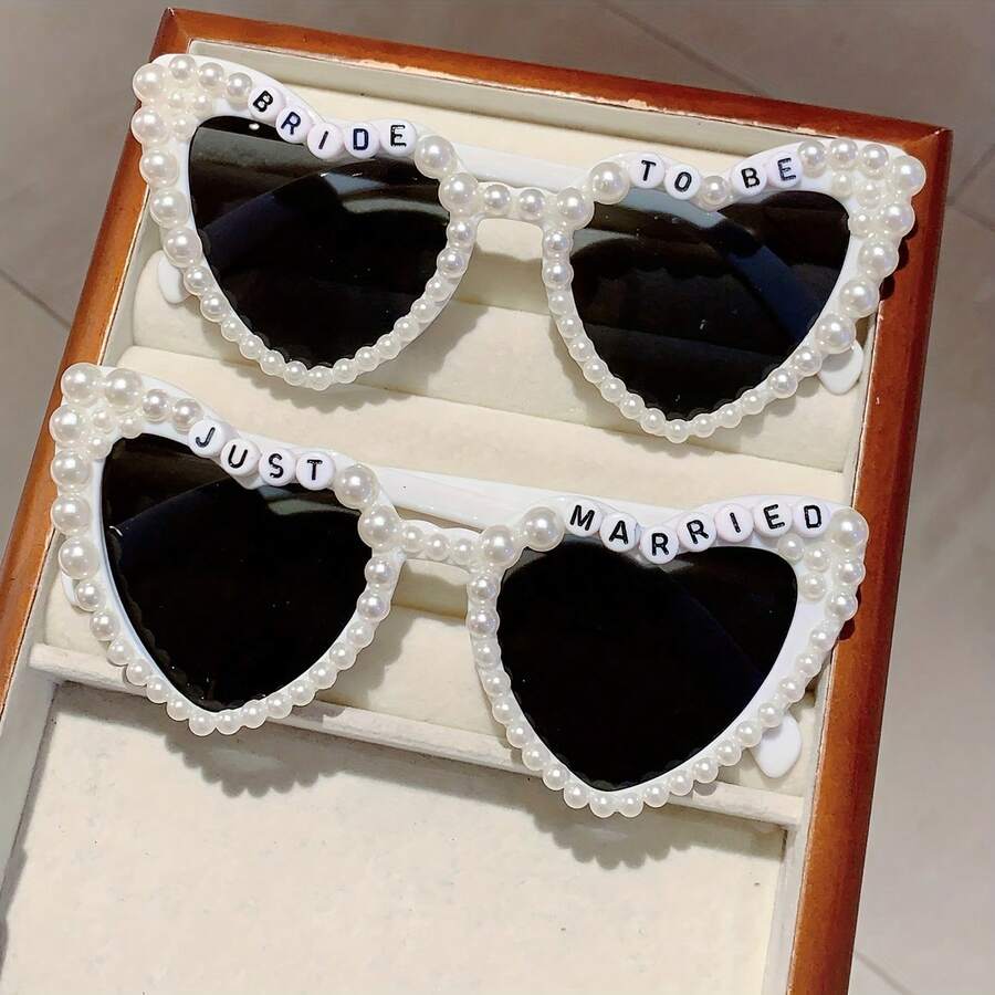 1 Pair Of Women's Oversized Heart-Shaped Fashion Glasses With Faux Decoration And "Bride-To-Be" Inscription - Wedding Party Bridal Shower Accessories, "Just Married" Gift, Wedding Accessories, Bead Details - CÔ DÂU TƯƠNG LAI - Xem 1