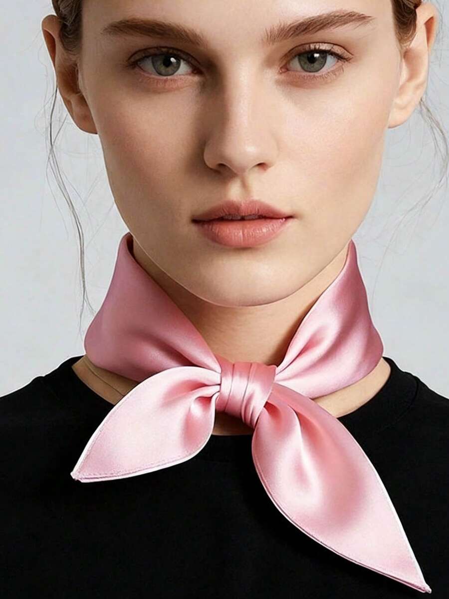 1条女士纯色印花头巾，丝绸发带，颈巾，适合日常使用 - 粉色 - 查看 1