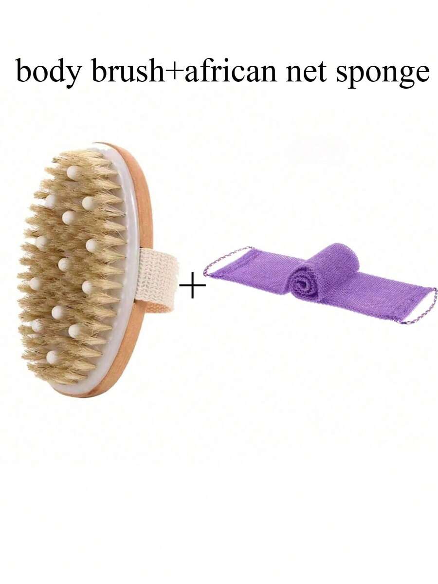 2pcs Natural Bristle Body Exfoliating Brush+African Exfoliating Bath Back Scrubber, Shower Brush, Back Scrubber, Dry & Wet Dual Use Body Scrubber, Essential For Back To School Season, African Loofah Sponge, Shower Loofah Body Scrubber With Drawstring - Multicolor - View 1