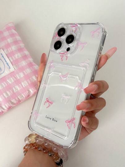 Transparent Silicone Phone Case With Pink Bow Print, Compatible With IPhone 11/17/17pro/13/14/15/15pro/15 Plus/15 Promax/16/16pro/16plus/16promax/7plus/8plus/X/Xs Max/Xr/17Air/12pro/13pro/14pro/17Promax/13mini/11promax/12promax/13promax/14promax/14plus/6/6s/6plus/7/8/Se/17proMax, Transparent Wallet Style Shockproof Waterproof Anti-Fall Anti-Scratch Back Cover
