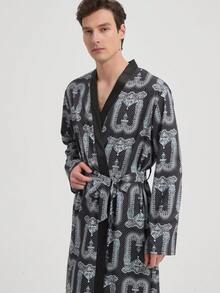 新款男士印花休闲家居服睡袍 - 黑色 - 查看 5