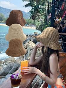 DAZY 1顶女士透气钩针草帽，沙滩旅行防晒帽，可折叠时尚多功能遮阳帽，适合户外、旅行和日常使用，春夏款 - A - 查看 1