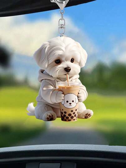2D平面，1个可爱马尔济斯犬穿着卫衣喝珍珠奶茶图案钥匙扣，兼容背包、钥匙、钱包 - 可爱风格钥匙圈，非常适合挂在包包和车钥匙上，也适合挂在背包和包包上，无需电池，情人节礼物，实用汽车配件，女士钱包和手机配件，赠送朋友，派对配饰，纪念品，2D平面