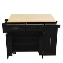 Îlot de cuisine noir avec rangements extensibles : Armoires, tiroirs et support à encas – Multifonctionnel - Noir + MDF + Métal - Voir 9