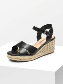 Alpargata con Tiras para Mujer con Puntera Abierta y Correa para el Tobillo, Sandalias de Cuña para Mujer con Plataforma - Negro - Ver 2