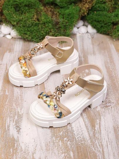 1 Pair Girls' Floral Rhinestone Woven Platform Wedge Sandals, Fashionable For Summer Daily Wear