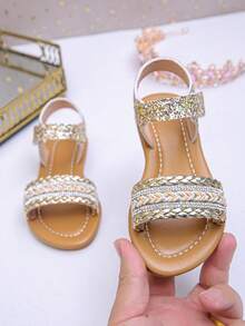2026新款女童公主凉鞋，编织水钻设计，奢华优雅，夏季百搭 - 金色 - 查看 4