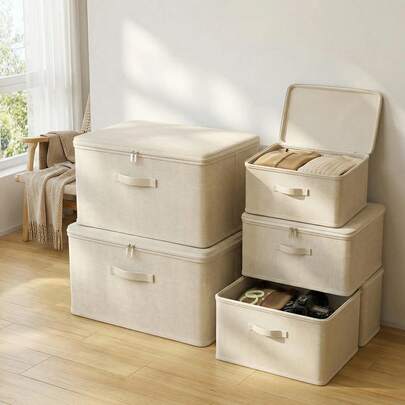 1pc Foldable Storage Box With Zipper And Handle, Beige Storage Bin, Made Of Polyester Linen, Square Shaped With Lid, Durable And Versatile, Can Be Used For Storing Clothes, Toys And Other Items, Also Suitable For Indoor Decor, Bedroom Decoration, Decorative Strips, Storage, Jeans Etc.