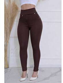 Women's High-Waisted Shaping Riding Leggings With Pockets, Roma Knit - 鏽棕色 - 查看 2