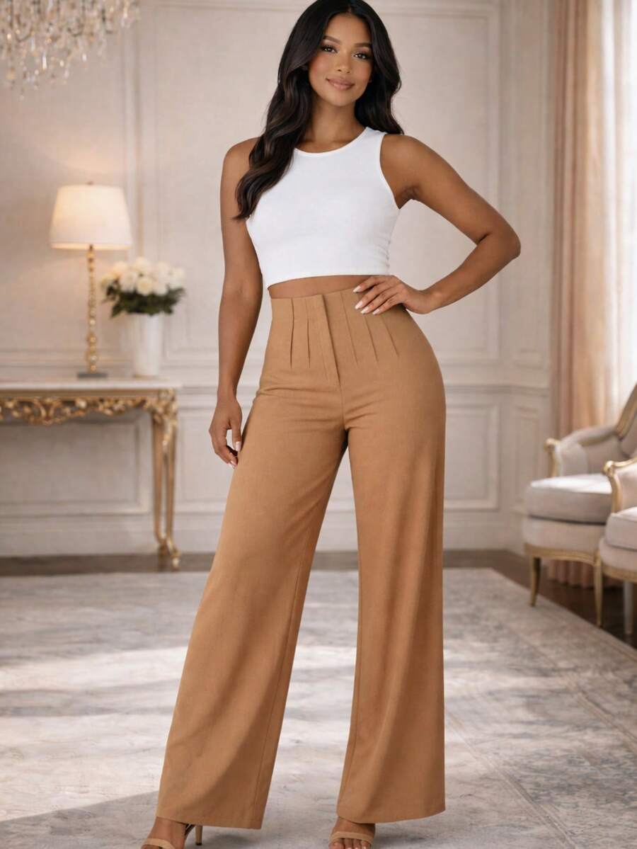 Pantalón pinza acampanado para dama - Caqui - Ver 1