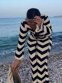 大码女式时尚优雅简约宽松针织罩衫连衣裙，适合海滩度假、夏季假期穿着 - 彩色 - 查看 3