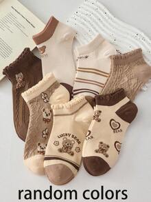 5双装女士可爱卡通熊短袜，柔软舒适，四季皆宜 - 彩色 - 查看 6