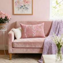 1件12x20英寸刺绣抱枕套，带拉链装饰靠垫套，可爱设计，适用于沙发、床、家居装饰、房间装饰，野花图案（不含枕芯） - 粉色 - 查看 6