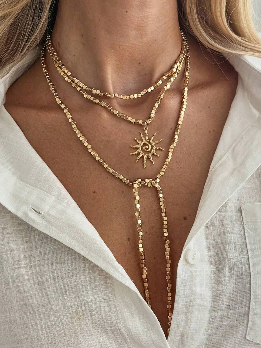 1件简约时尚太阳吊坠长项链，甜美风格方形CCB串珠颈链配饰，适合女性日常通勤、海滩度假、约会、购物、派对，最佳情人节/周年纪念礼物（CCB树脂非金属材质，请谨慎购买） - 金色 - 查看 1