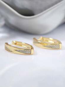 1对金色微镶嵌圈形耳环，女士简约闪亮子弹形耳钉，日常时尚首饰礼品，铜材质，不褪色且低过敏性 - 金色 - 查看 4