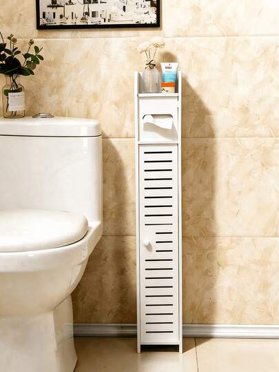 Modern Style Bathroom Cabinet, Vanity Cabinet, Narrow Cabinet With Toilet Paper Holder, Independent Bathroom Shelf, Suitable For Home And Kitchen; Bathroom Vanity, Kitchen Cabinet With Door And Shelf, Independent Slim Side Storage Rack, Furniture, Waterproof Kitchen Shelf, White Food Storage Cabinet