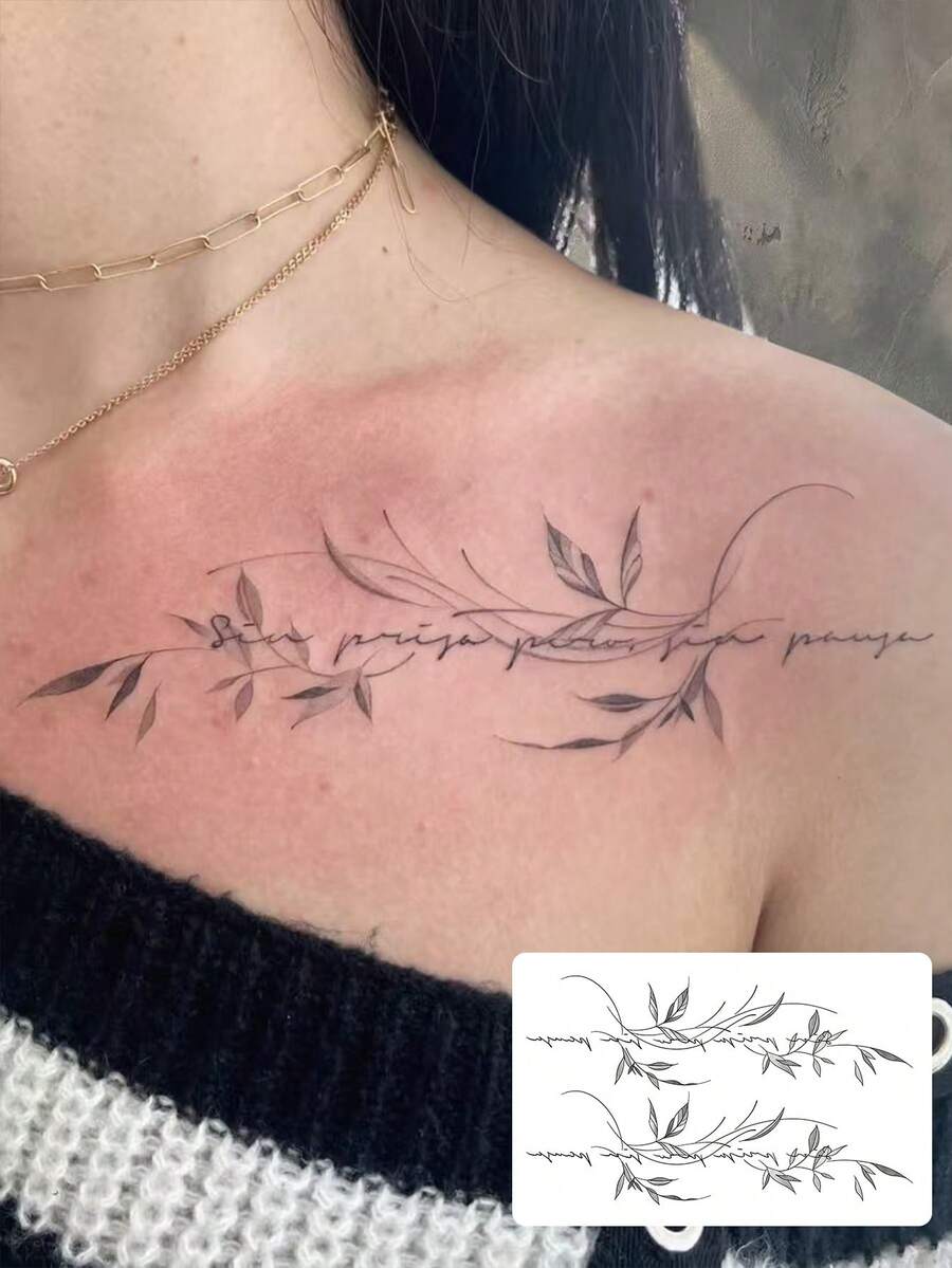 1pc Fashionable Waterproof High-End Collarbone Leaf Vine English Tattoo Sticker, Sweat-Proof, Faux Real Tattoo, Atmosphere-Enhancing For Outfit And Photo Shooting - Black - View 1