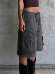 Cargo Shorts For Women Elastic Waist Knee Length  Shorts Summer Outdoor Waterproof Hiking Pants With Pockets - 灰色 - 查看 6