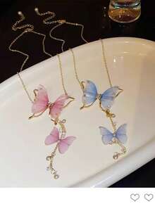 蝴蝶网吊坠项链，简约时尚链条颈链，适合女性日常佩戴 - 粉色 - 查看 5