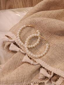 1 Pair Minimalist Fashion Pearl Hoop Earrings, Gift For Her, Everyday Wear For Women - Gold - View 4