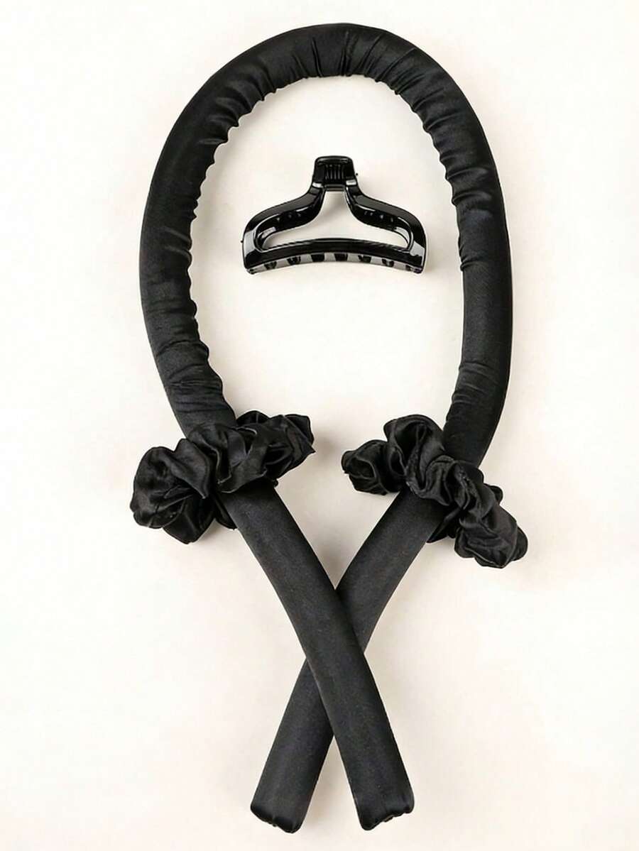 缎面丝绸免加热卷发棒发箍 - 无需加热的卷发器，带爪夹，适合长发，可打造柔和卷发和波浪，不伤发质，适合夜间睡眠造型 - 黑色 - 查看 1