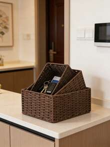 2pcs Rattan Desktop Storage Baskets, Available In Large & Small Sizes, Remote Control & Snack Organizer, Suitable For Living Room Coffee Table/Bedroom Nightstand, Ideal For Rental/Dorm Desk Organization - Black - View 2