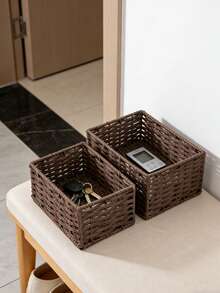 2pcs Rattan Desktop Storage Baskets, Available In Large & Small Sizes, Remote Control & Snack Organizer, Suitable For Living Room Coffee Table/Bedroom Nightstand, Ideal For Rental/Dorm Desk Organization - Black - View 5