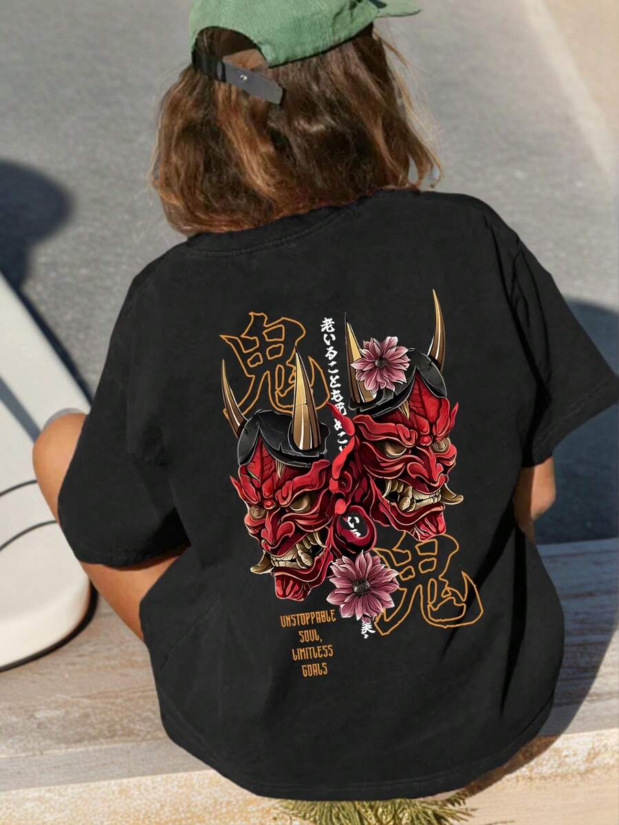 “势不可挡的灵魂”日式鬼面具女款T恤，常规版型般若面具图案T恤，舒适街头风短袖上衣，独特复古动漫风格，Pinterest时尚休闲黑色夏季款