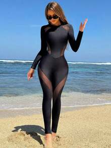 Solid Mesh Paneled Long-Sleeved One-Piece Swimsuit For Beach Vacation Summer - 黑色 - 查看 3